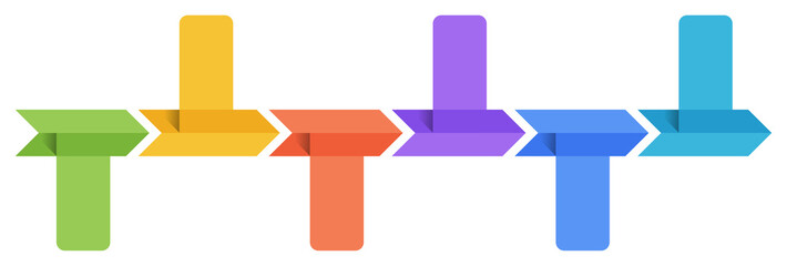 Horizontal timeline infographic template with six arrows with place dates and text