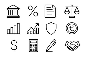 Central Bank Icon Set. Outline icon set of central bank policies: bank building, percentage sign, document,