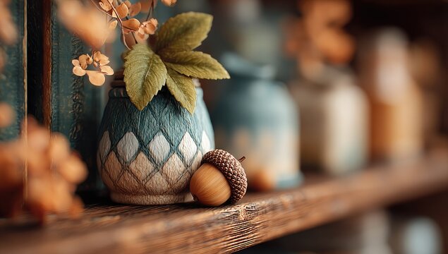Rustic shelf with small vase, acorn, and autumnal decor - Powered by Adobe