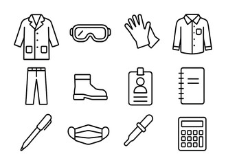Science Fashion Icons. Outline icon set of fashion for scientists: lab coat, safety goggles, gloves, shirt,