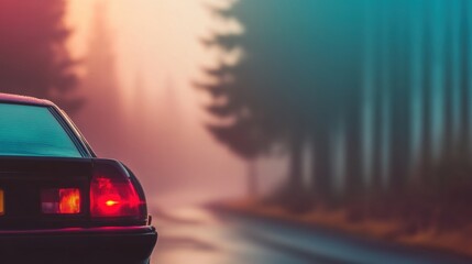 Obraz premium Car parked on a misty road surrounded by tall trees in the early morning