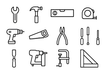 Fototapeta premium Construction Tools Grid. Outline icon set of construction tools: wrench, hammer, level, tape measure, drill,