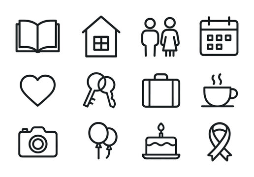 New Beginnings Icons. Outline icon set of new chapter in life: book, house, couple, calendar, heart, keys,