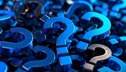 Cluster of metallic 3D question marks with blue lighting, concept of problem.