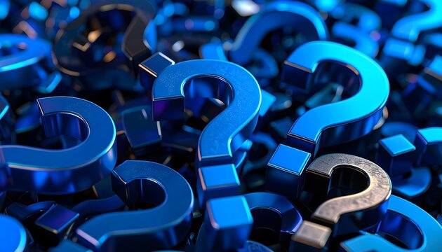 Cluster of metallic 3D question marks with blue lighting, concept of problem.
