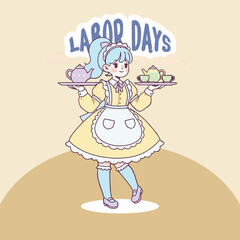 Cute anime maid girl serving tea with elegant teapots and cups.