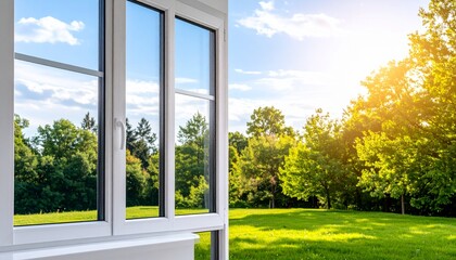 Smart window with electrochromic film offering an expansive view of a serene green field