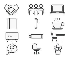 Employee Collaboration Icons. Outline icon set of Employee collaboration activities: handshake, group, laptop,