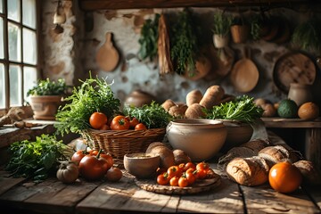 Rustic kitchen scene with fresh vegetables, herbs, and bread on a wooden table, creating a cozy and inviting countrystyle interior with natural light