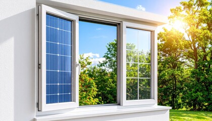 Modern window with integrated transparent photovoltaic cells for solar energy conversion