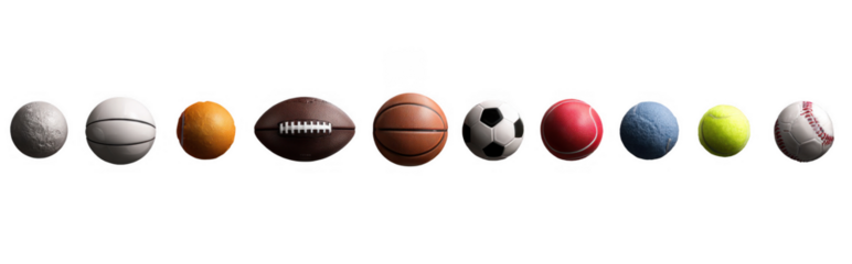 A row of various sports balls including baseball, basketball, football, soccer, and tennis on black background