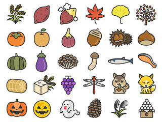 秋の味覚と秋の風物詩のアイコン（線画カラー）のイラストセット