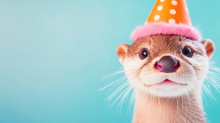 Fototapeta premium Happy otter celebrating with a party hat on a colorful background