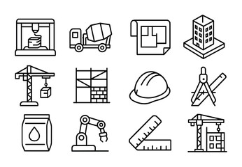 3D-Printed Construction Icons. Outline icon set of Architectural design with 3D-printed concrete: 3D printer,