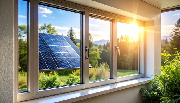 Modern window featuring integrated transparent photovoltaic film with solar energy capabilities
