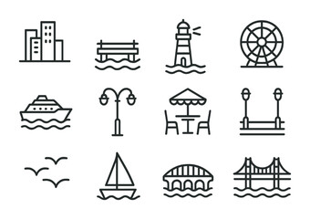 Naklejka premium Coastal City Icons. Outline icon set of Coastal city waterfront: skyline, pier, lighthouse, ferris wheel,