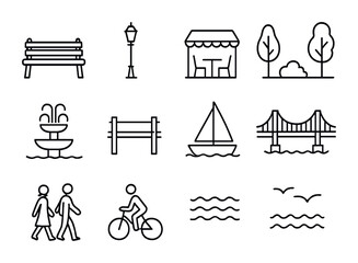 Urban Promenade Icons. Outline icon set of Urban waterfront promenade: benches, street lamps, cafes, trees,