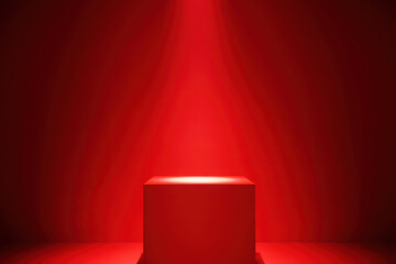 Obraz premium Bright red spotlight illuminates a pedestal on a red background