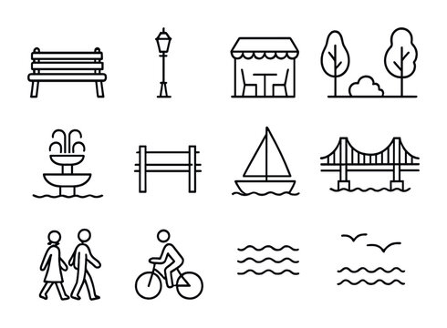 Urban Promenade Icons. Outline icon set of Urban waterfront promenade: benches, street lamps, cafes, trees,