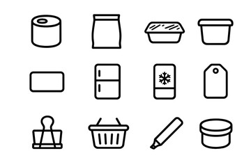 Food Organization Icons. Outline icon set of food organization: canned food, sealed bag, plastic wrap, storage