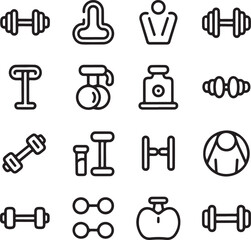 Collection of 16 simple line art icons related to fitness and weightlifting dumbbells barbells