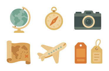 Vintage Travel Icons. Flat vector mini-illustrations vintage travel theme décor in colors children's