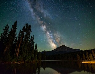 Milky Way galaxy arching over a still lake, reflected in the water, with a mountain and silhouetted trees
