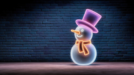 Neon snowman with pink hat and scarf on dark brick background  