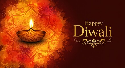 Happy diwali greeting card with diya lamp and ornate floral design.