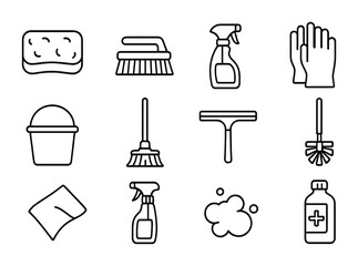 Bathroom Cleaning Icons. Outline icon set of bathroom cleaning tools: scrubbing sponge, cleaning brush,