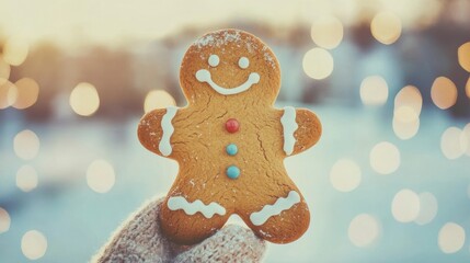 Gingerbread cookie held in hand with festive lights in the background