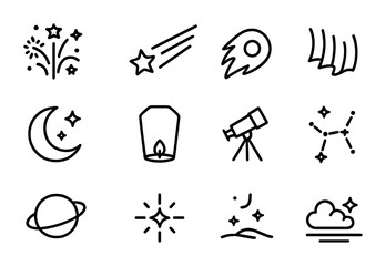 Fototapeta premium Night Sky Icons. Outline icon set of night sky lights: fireworks, shooting star, comet, aurora, crescent moon,