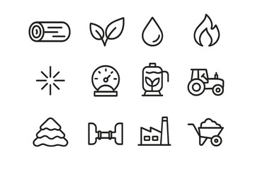 Sustainable Biomass Icons. Outline icon set of sustainable biomass: wood log, leaves, droplet, combustion