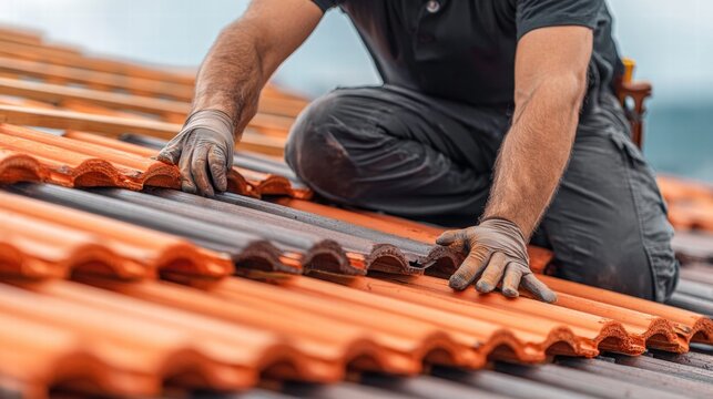 A roofer expertly places terracotta tiles during a roof installation project.