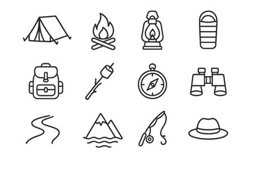Camping Adventure Icons. Outline icon set of Family Camping Adventures: tent, campfire, lantern, sleeping bag,
