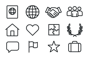 Refugee Inclusion Icons. Outline icon set of refugee inclusion: passport, globe, handshake, group, house,