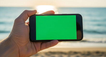 Handheld Smartphone with Green Screen, Coastal Sunset Background