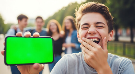 Joyful Teenager Laughing with Green Screen Phone, Friends in Background