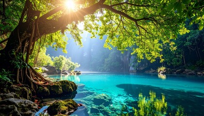 Serene river flowing through lush jungle with brightness and copy space for text