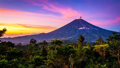 Majestic volcano in the distance with modern glossy style against a dramatic sky