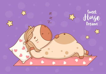 Cute Sleepy Horse on Rug and Pillow. Adorable Pony Kawaii Animal. Sweet Dream. Funny Card with Slogan. Vector illustration. Not AI