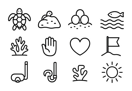 Sea Turtle Icons. Outline icon set of sea turtle protection: turtle, nest, eggs, sand, waves, fish, coral,