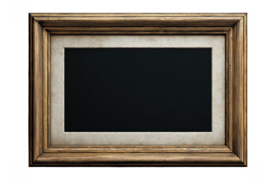 Antique empty rectangular wooden picture frame with aged gold finish and dark background