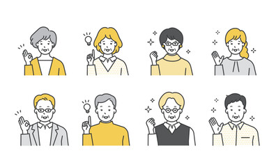 笑顔で喜ぶシニア男女の上半身イラスト