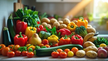 A vibrant display of fresh vegetables and fruits, showcasing a variety of colors and textures, arranged attractively on a kitchen countertop.