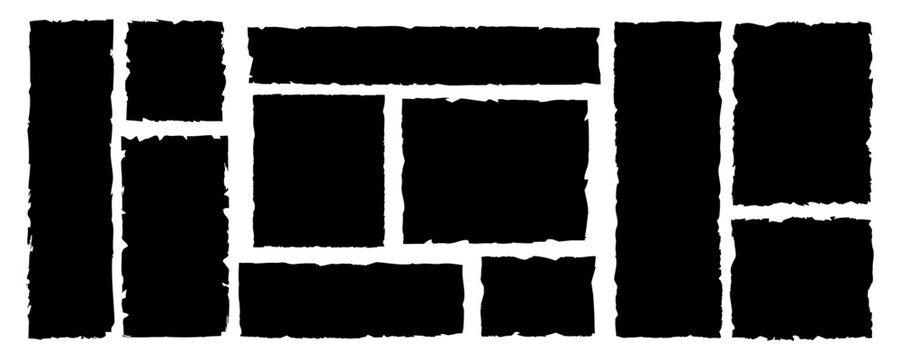 Vector set of ripped paper pieces. Black jagged rectangle frames, scrap silhouettes, grunge texture shapes for collage, sticker, banner, label. Isolated on white background
