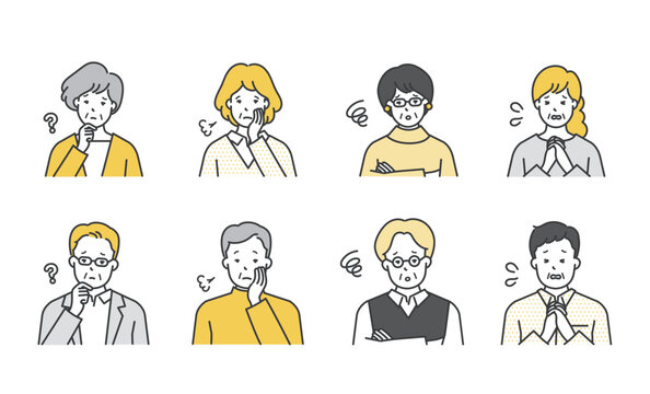 困った表情のシニア男女の上半身イラスト
