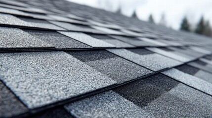 Detailed view of layered asphalt shingles on a building's roof, perfect for various construction projects.