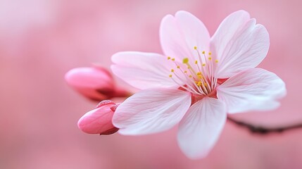 Delicate Cherry Blossom Beauty, Macro Photo of Pink Blooming Petals in Springtime, Floral Minimalism