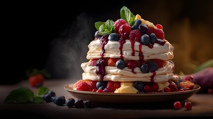 A layered dessert of delicate meringue, topped with fresh berries and drizzled with berry sauce, steaming beautifully under a warm light.